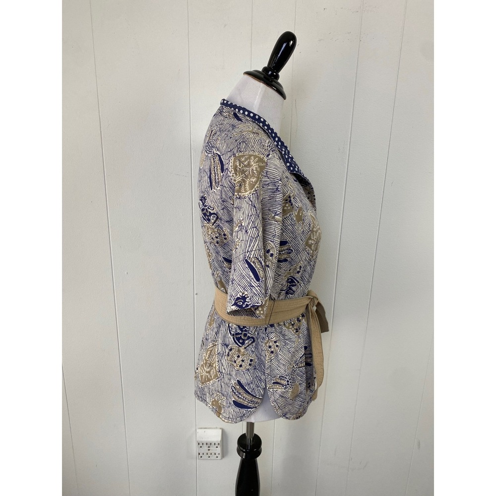 VTG HearSay Batik Animal Print Short Sleeve Belted Button Up Top Blue Tan Sz S/M - Picture 9 of 13